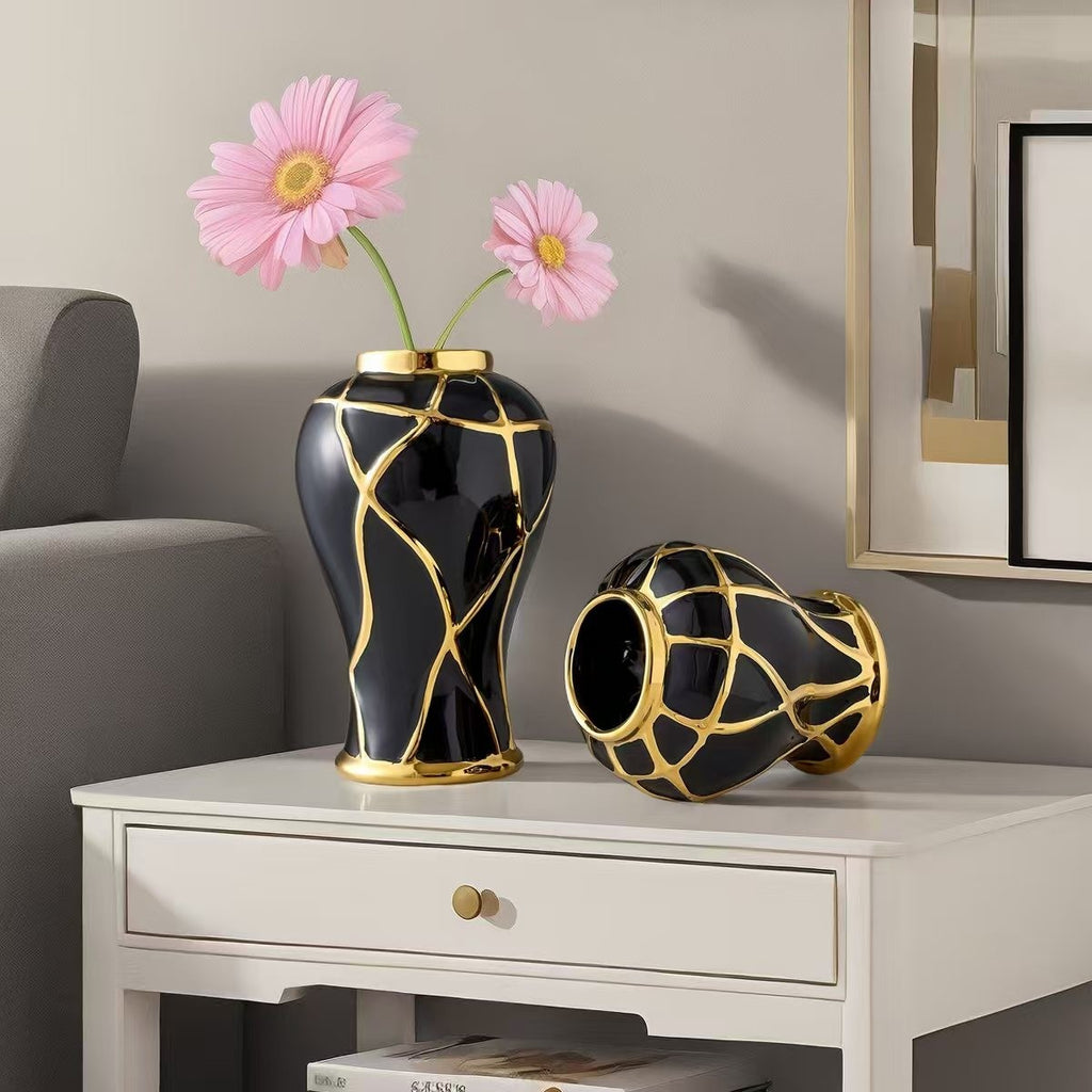 Luxury Black & Gold Ceramic Statement Vase