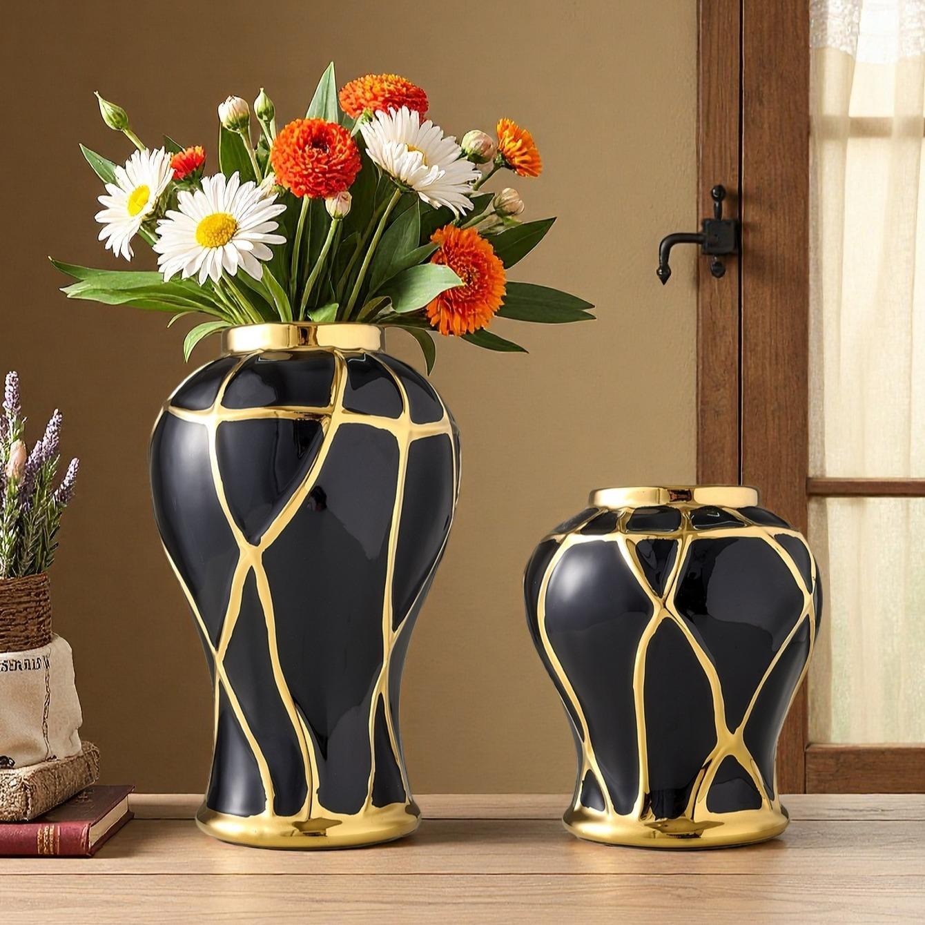 Luxury Black & Gold Ceramic Statement Vase